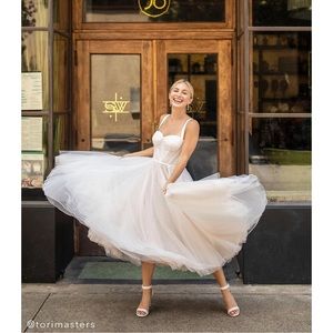 Watters Dress Lynette Moran Tulle Pearl Corset Midi Wedding Ivory Nude 8 NWT